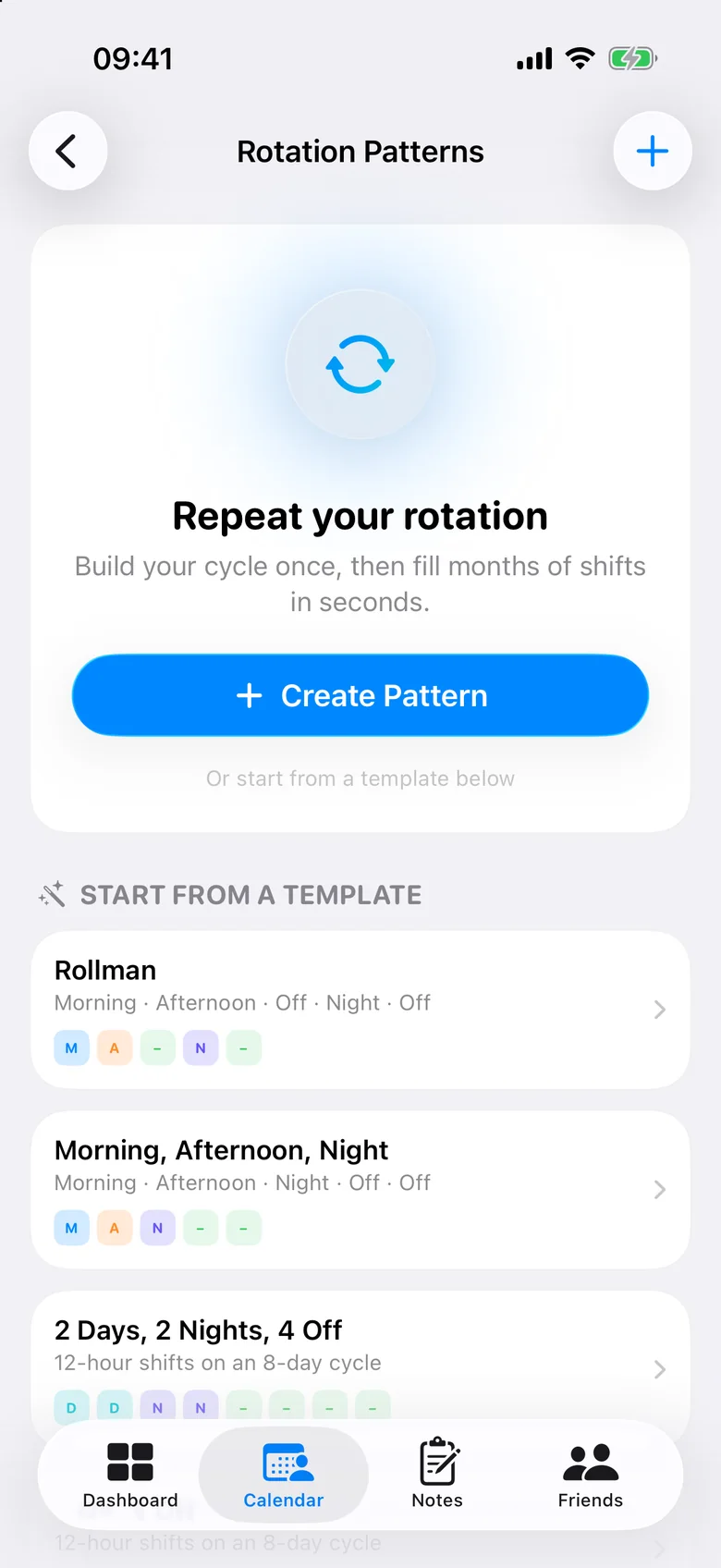 Rotation pattern templates in AfterDuty, including Rollman and 2 days, 2 nights, 4 off