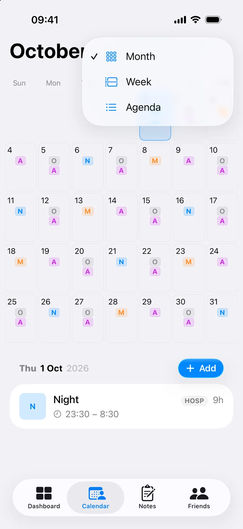 Choosing between month, week and agenda views in AfterDuty